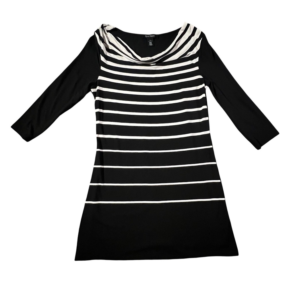 White House Black Market Tunic Womens S Black White Striped Cowl Neck 3/4 Sleeve